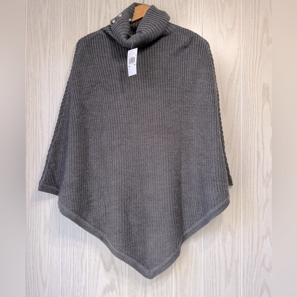 Michael Kors Gray Knit Poncho with Button Cowl Neck One Size NWT